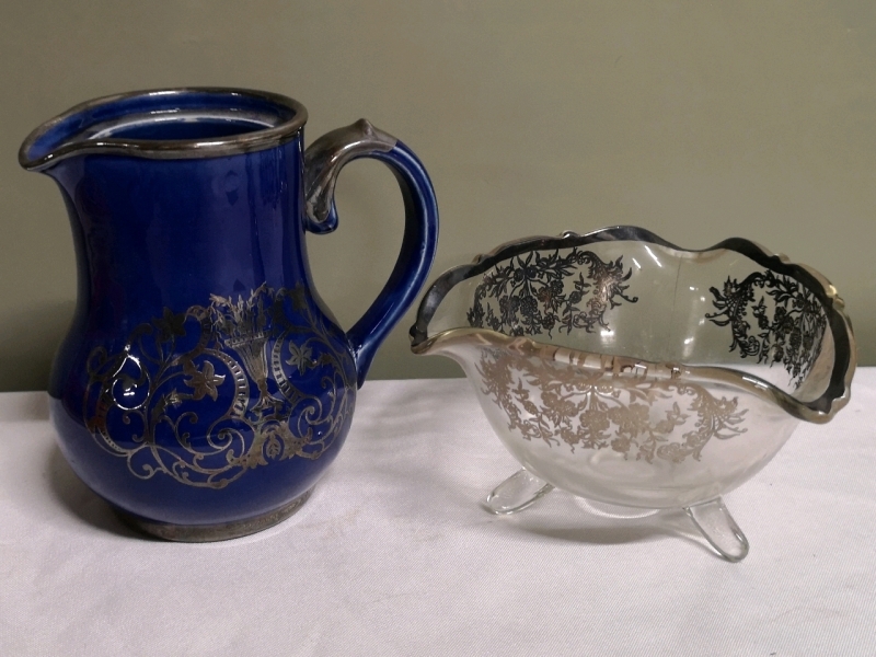 Vintage Pitcher and Bowl with Silver Overlay