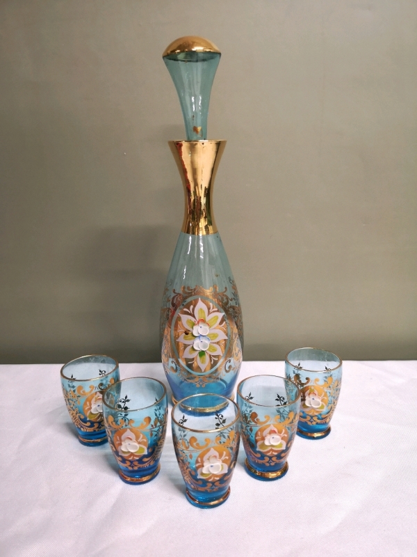 Vintage Bohemian Blue GLASS Decanter Stopper with Glasses