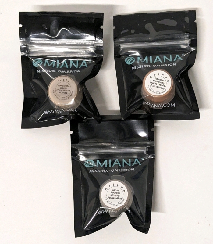 3 New Omiana Beauty Samples : Intense Coverage Liquid Foundation (Cashew), Foundation Mousse (Ivory) and Loose Powder Foundation (Driven)
