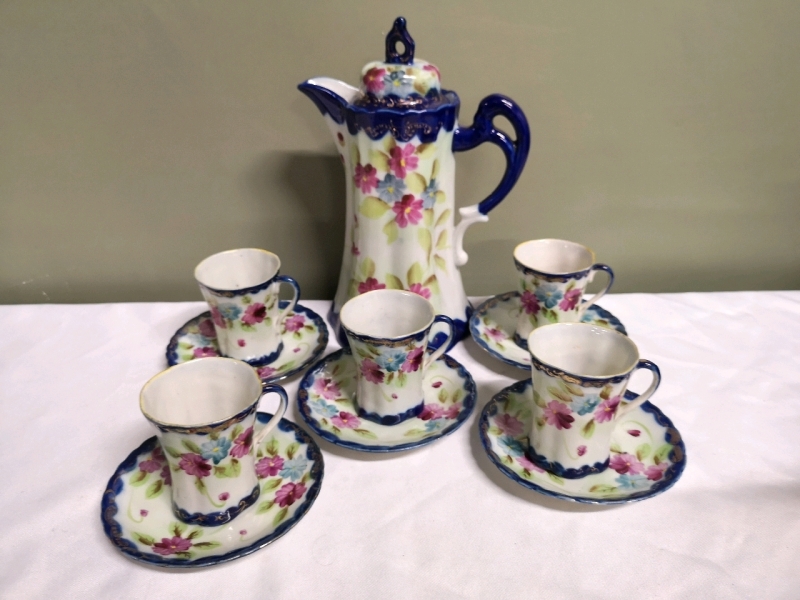 Vintage Beautiful Chocolate Pot with Cups and Saucers - Hand Painted
