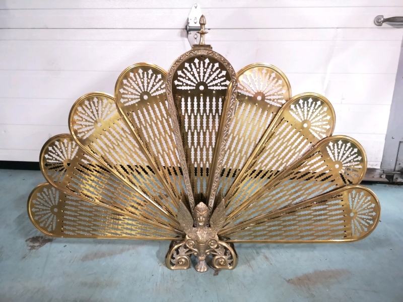 Vintage Brass Griffin Peacock Fan Fireplace Screen