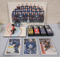 NHL Hockey Memorabilia Lot : Leafs Team Photo , Puck & Cards , Tim's Sticks , Goalie Action Figure