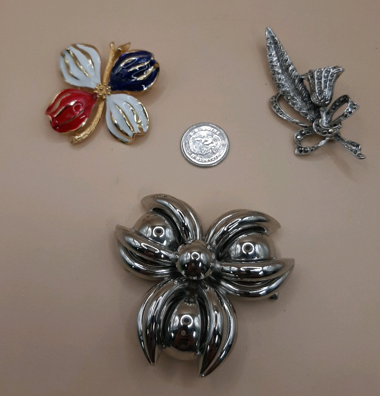 Vintage 3 Brooches, One is Enameled, One with Stones & one Silvertone