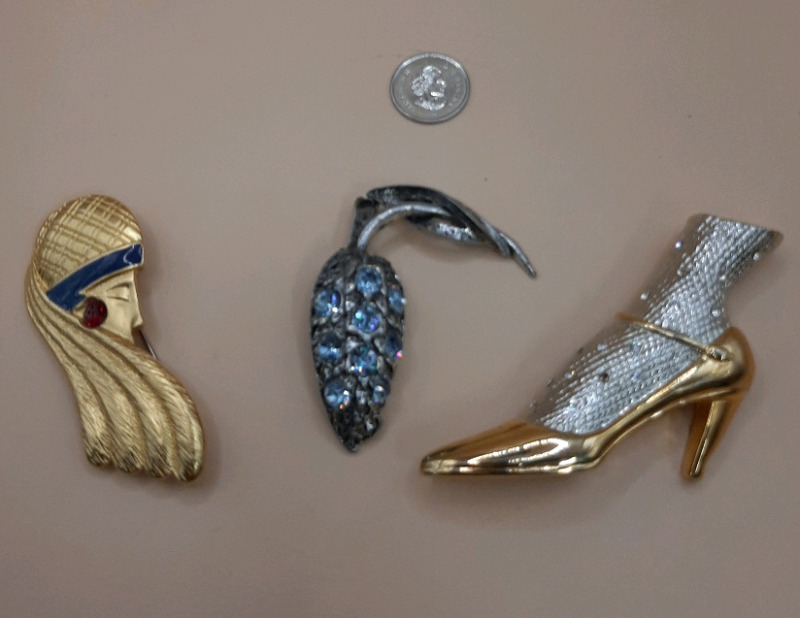 Vintage Brooches, Woman, Floral & Shoe. All with bling!