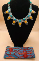 Vintage 15" Necklace in Silvertone with Blue Beading, Turquoise and Gold Coloured Stones.