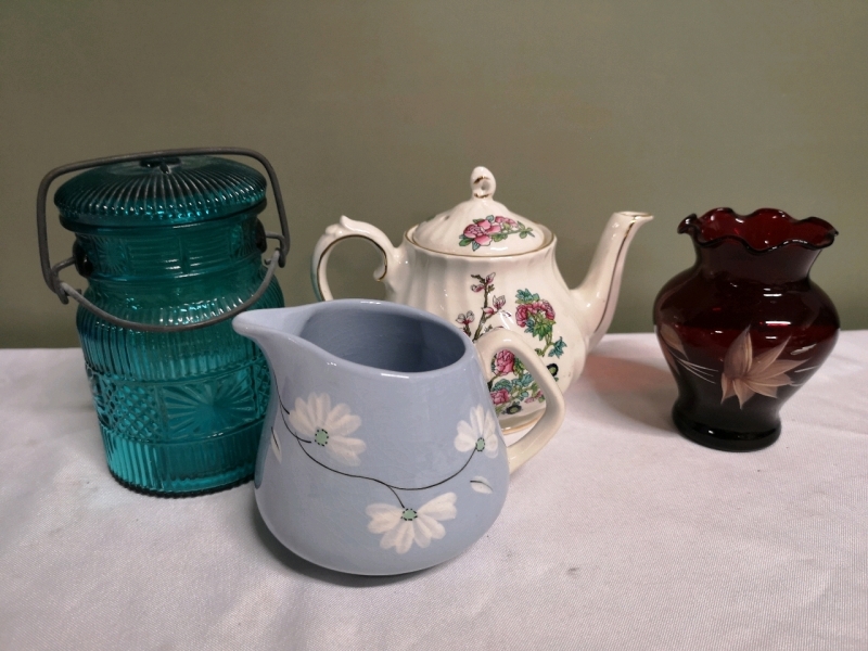Vintage Sadler Teapot + Avon Blue Glass Jar + Creamer England + Red Glass Vase