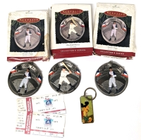 3 Vintage Hallmark Keepsake Ornaments (2x Satchel Paige, Lou Gehrig), 2 Vintage Florida Friday March 28, 1997 Blue Jays Tickets & "Jay" Mickey Mouse Keychain