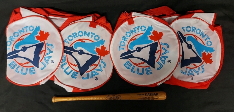 2 Vintage Toronto Blue Jays Mr. Sub Gym Bags And Mini Bat Louisville Slugger Souvenir Bat 1983