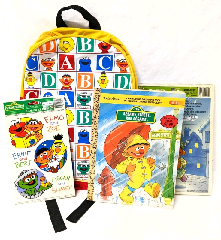 Vintage SESAME STREET Backpack, Static Window Clings (1997), Intact Golden Books Super Jumbo Coloring Book (1998) & Frame Tray Puzzle (1989)