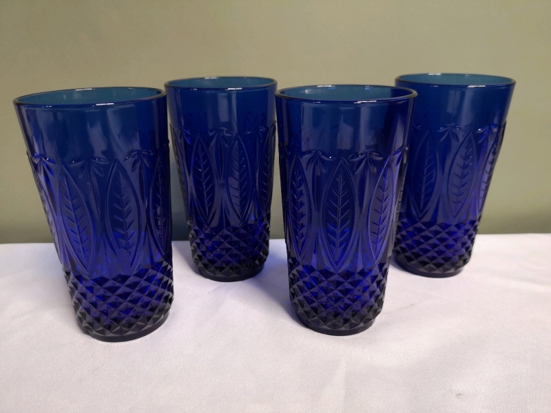 4 Vintage Blue Glasses - Made in France 6" Tall and 3" diameter