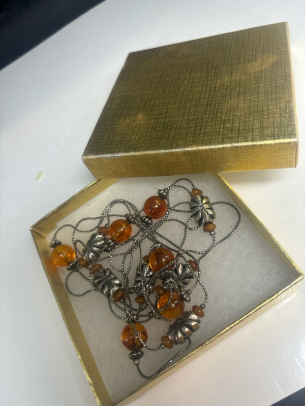 14 KGP Opera Lengh Fabulous Vintage Amber Glass White Gold Necklace