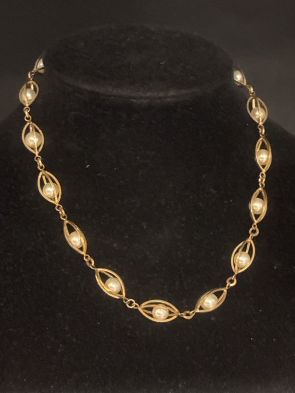 BIRKS Gold Filled Vintage Choker Caged Faux Pearl Necklace