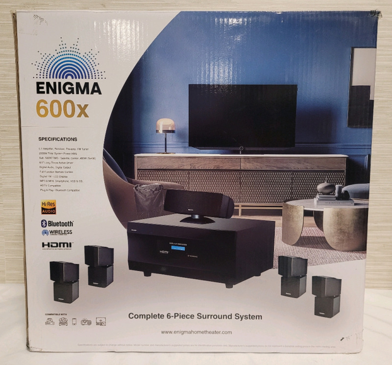 Like New , Open Box - Enigma 600x Home Theater Surround Sound System . Tested Powers Up