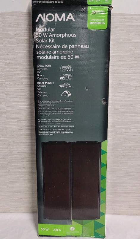 NOMA Modular 50W Amorphous Solar Kit in Box . Appears Never Removed From Box .