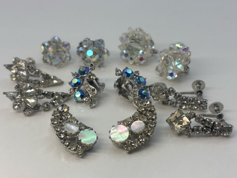 Six Vintage Rhinestone + Crystal Earrings