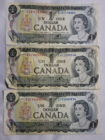 1973 Canadian Bank of Canada One Dollar Bank Notes , 3 Notes Various Circulated Condition