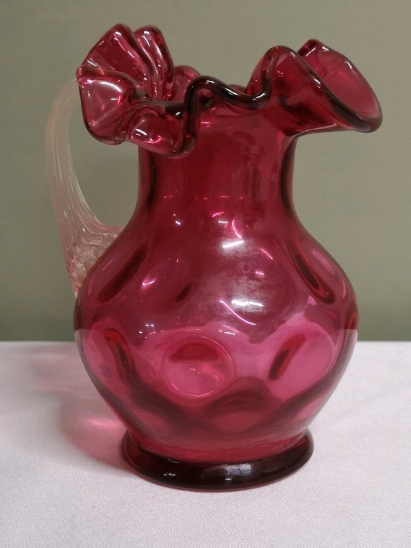 Vintage Cranberry Glass Pitcher with Ruffle Edge - 5.5" tall