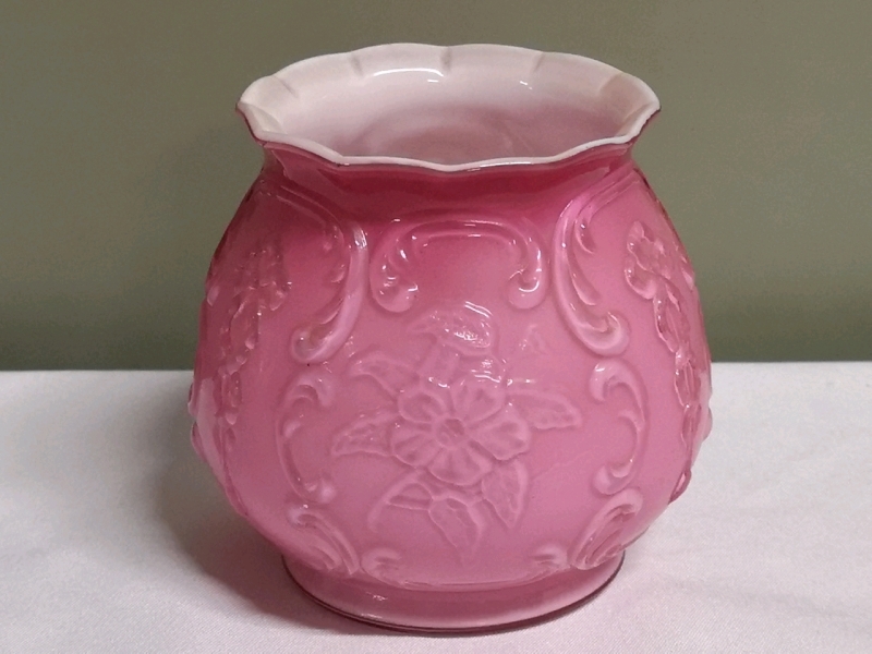 Vintage Unsigned Fenton Wild Rose & Bowknot Pink Overlay Vase Crimped Edge