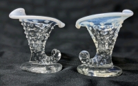 2 Vintage Unsigned Fenton Hobnail Glass Horn / Cornucopia / Slipper with Moonstone Ripple Rims | 3.75" Tall
