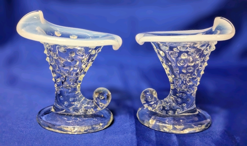 2 Vintage Unsigned Fenton Hobnail Glass Horn / Cornucopia / Slipper with Moonstone Ripple Rims | 3.75" Tall