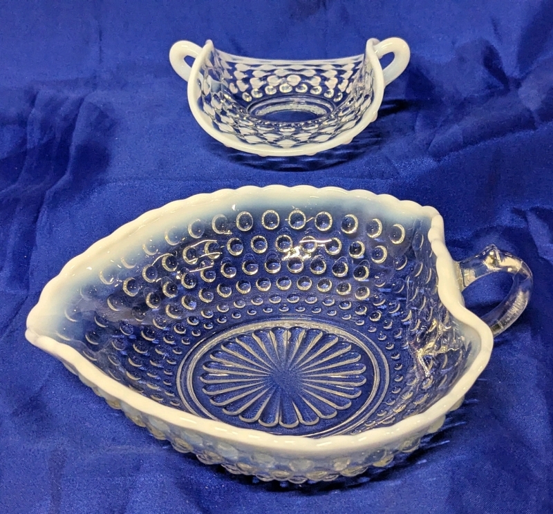 Vintage Moonstone Hobnail Handled Leaf-Shaped Dish 7" x 6.6" x 1.75" | Unsigned Fenton Handled Bonbon Dish 4.4" x 4.4" x 1.75"