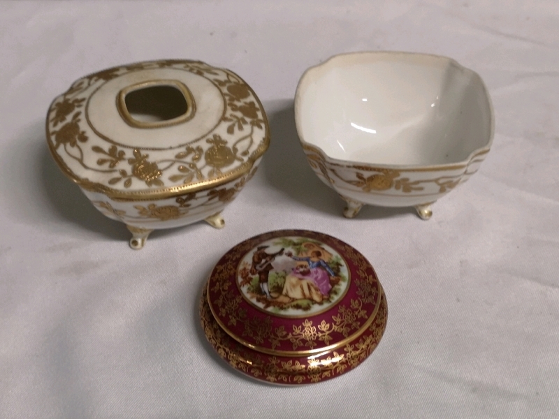 2 Vintage Nippon Hair Receivers+ Limoges Trinket Box