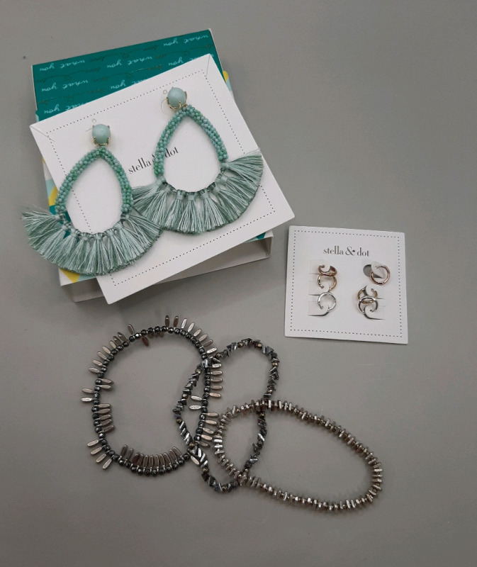 New Stella & Dot 2.5" Blue Beaded Earrings, 3 Pair of .25" Hoops and 3 Silvertone Bracelets, the Largest Having a 6" Diameter