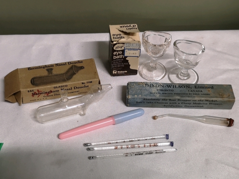 Vintage Medical Supplies - Glass Eye Baths, Thermometers, Medicine Dropper +