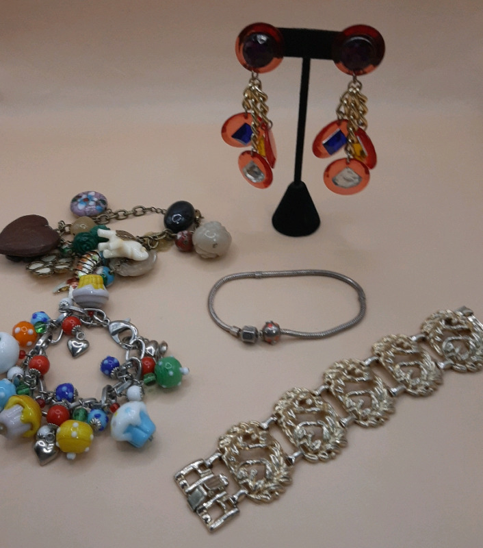 Vintage Bracelets & Some MCM Lucite Clip On Earrings. Panel Bracelet is 7" Long