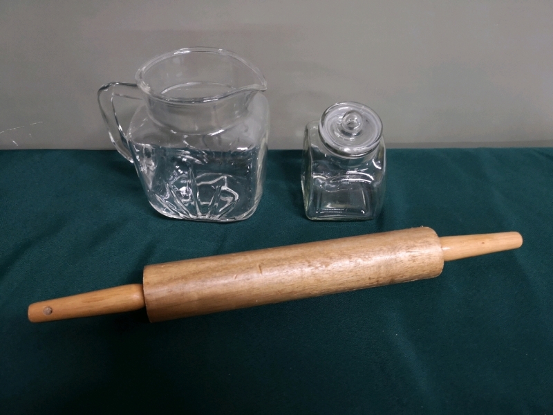 Vintage Kitchen Lot - Wooden Rolling Pin, Glass Pitcher & Glass Canister