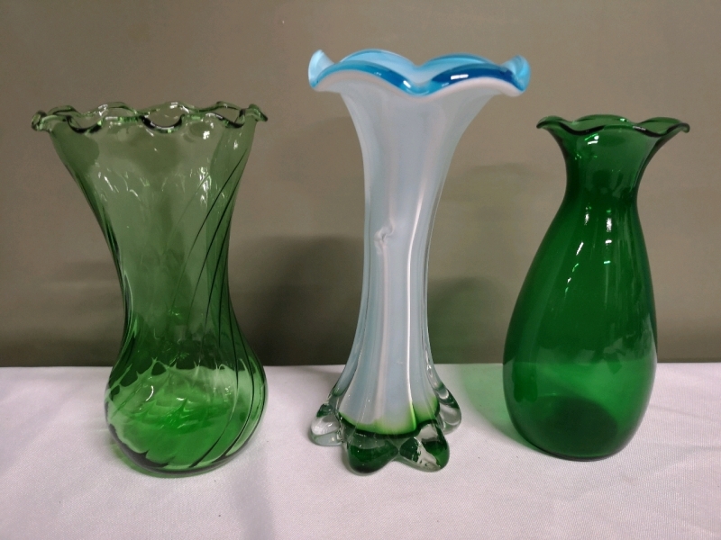 Vintage Green Glass Vases & Hand Blown Vase