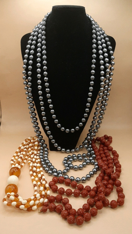 Vintage 3 Beaded Necklaces. The Red/Rusty Carved Beads are 52" Long