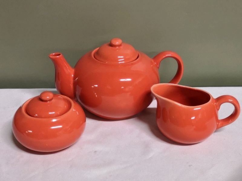 Coral Coloured Tea Set - Teapot, Creamer & Sugar