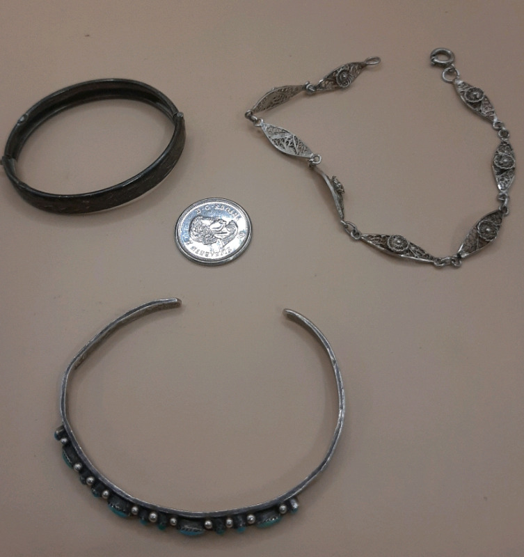 Vintage Sterling Silver Bracelet Lot Consisting of a Baby Bracelet, a 7" Filagree Bracelet & an Unmarked Southwestern Cuff