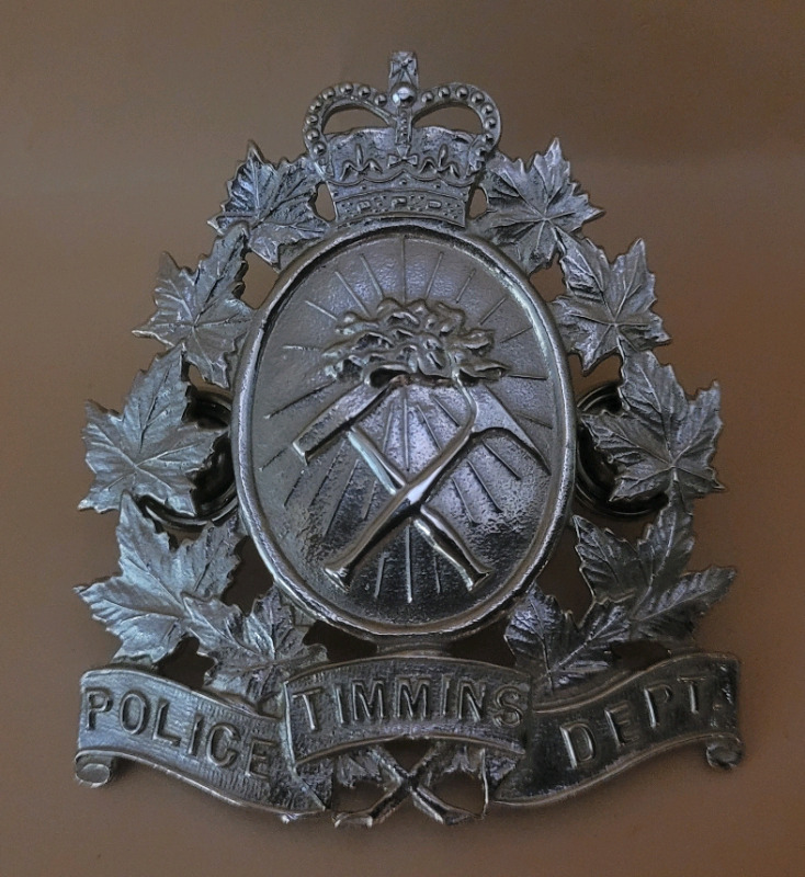 Vintage Timmins Police Department Cap Badge , measures 2 1/4"×2.5"