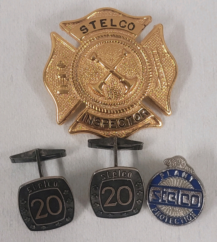 Vintage STELCO Steel Mill Stelco Inspector Cap Badge , Stelco Plant Protection Pin & Stelco 20 Cuff Links