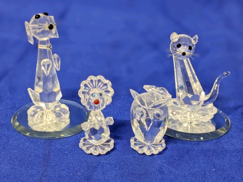 Vintage Crystal Figures : Dog, Cat, Wise Owl, Baby Clown & 2 Mirror Bases | 1.25" - 2" Tall