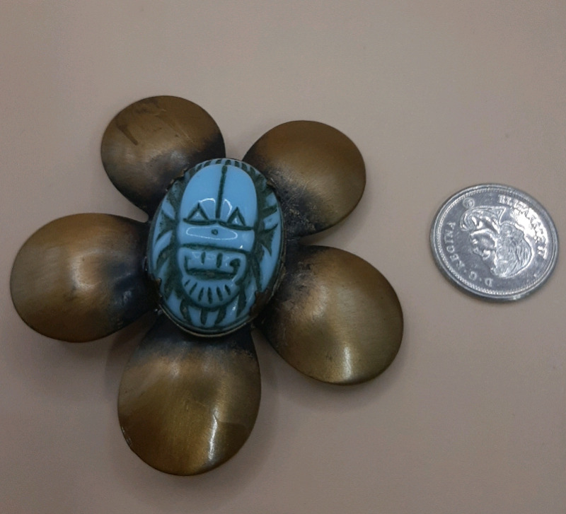 Vintage Hidy Mills Metal Flower Brooch with Blue Carved Stone in the Center