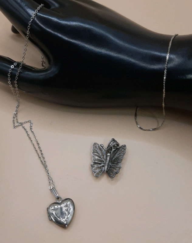 Vintage Sterling Silver Heart Locket on a 14" Chain, Sterling Silver Filagree Butterfly Pendant and a 7" Sterling Silver Bracelet