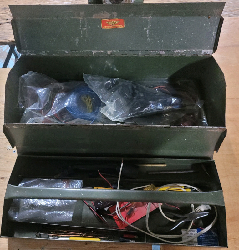 Vintage Union Chest Metal Tool Box with Electrical Supplies . Soldering Iron , Wires +++