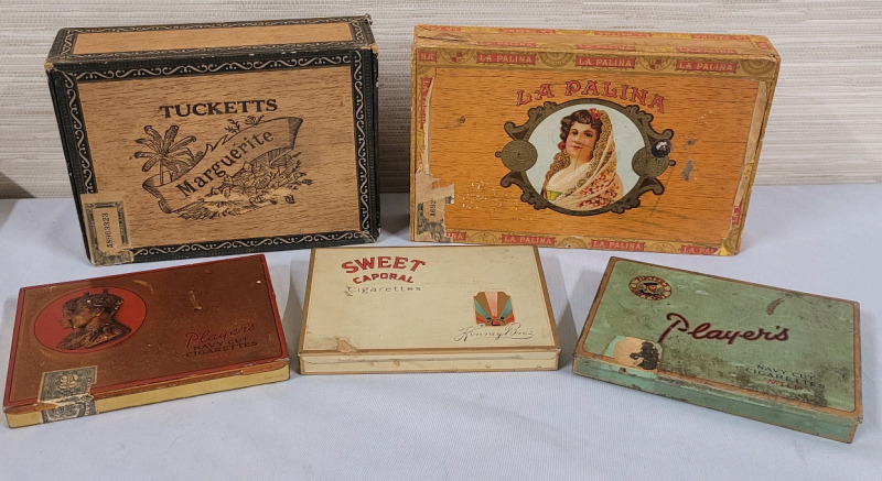 Vintage Cigarette Tins & Cigar Boxes . Three (3) Tins and Two (2) Boxes