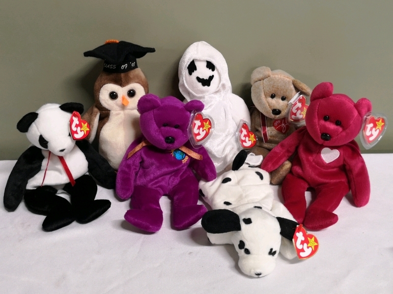 7 Ty Beanie Babies - Ghost, Owl, Dog & Bears