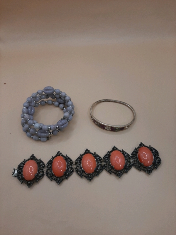 Vintage Wrap Around Bracelet, Hinged Bangle & a 7" Filagree Bracelet with Coral Stones