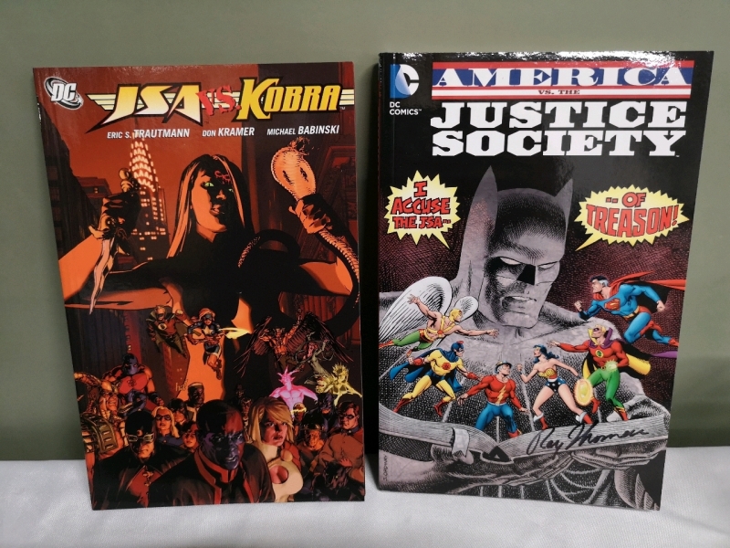 2 DC Comics Books JSA vs. Kobra & America vs. The Justice Society signed by Editor Roy Thomas