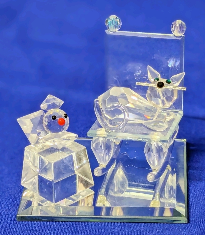 Vintage Crystal Cat in Rocking Chair (1.8") + Crystal Jack-in-the-box (1.25") with Mirror Base (2" x 2")