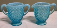 Unsigned Fenton Hobnail Blue Opalescent Milk Glass CREAMER & SUGAR