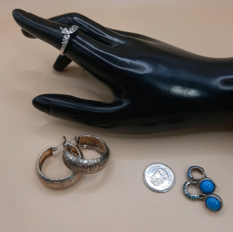 Vintage Size 7 CZ and Silvertone Ring, Puffed Sterling Silver Earrings & Sterling Silver & Turquoise Pierced Earrings without Backs