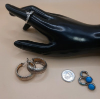 Vintage Size 7 CZ and Silvertone Ring, Puffed Sterling Silver Earrings & Sterling Silver & Turquoise Pierced Earrings without Backs