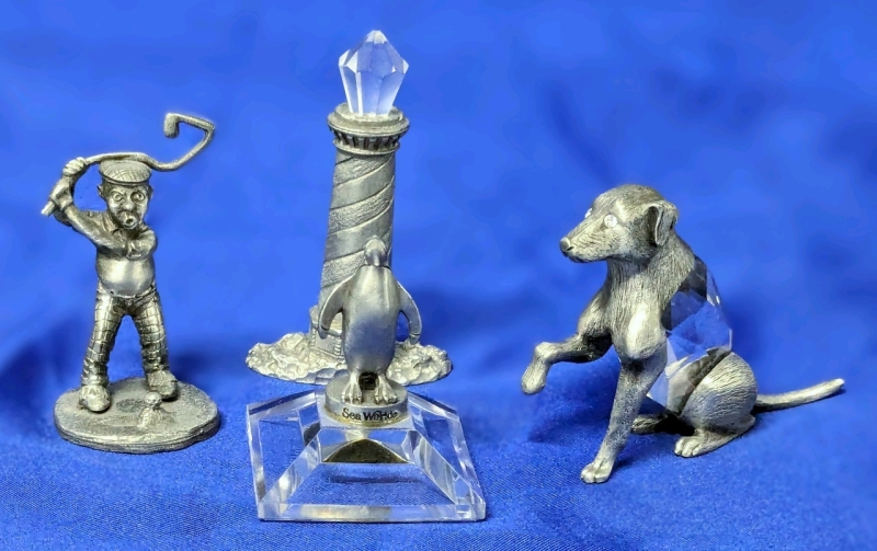 Vintage Pewter & Crystal Collectibles | Golfer, Lighthouse, Penguin & Labrador Dog | 1.75" - 2.5" Tall