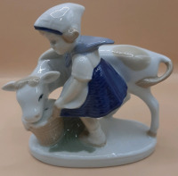 Vintage 5" Lippelsdorf Porcelain Figurine Young Girl Feeding Cow. Made in Germany